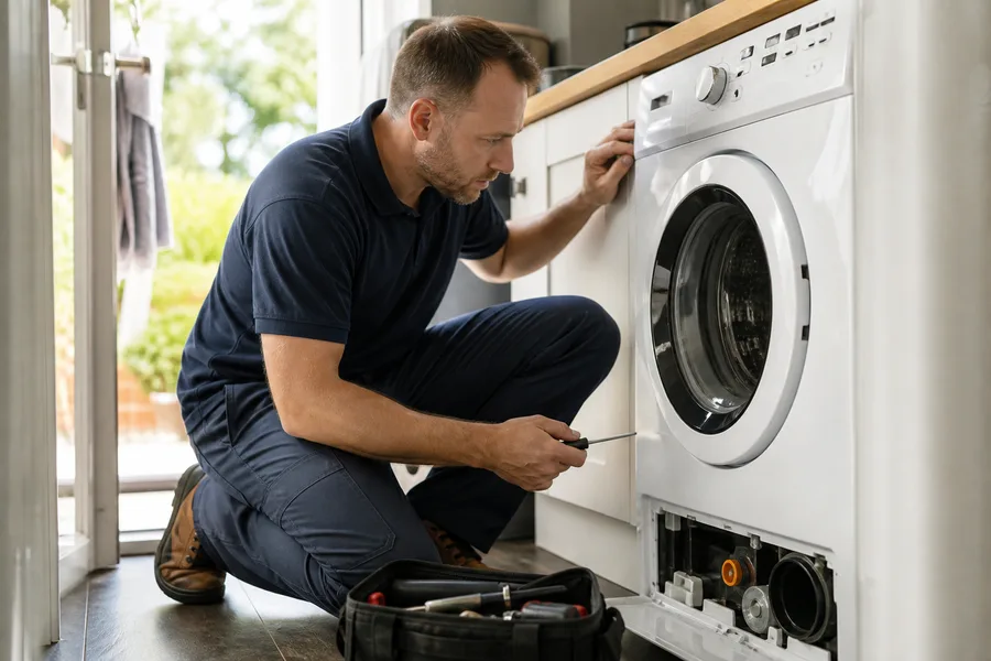 An appliance repair technician inspecting a washing machine.