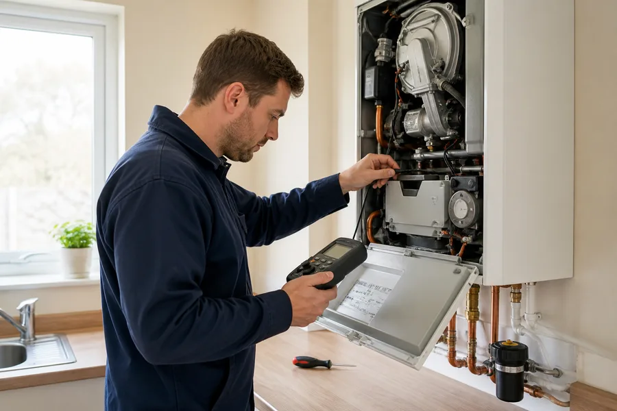 A heating engineer diagnosing a wall-mounted boiler in a British home.