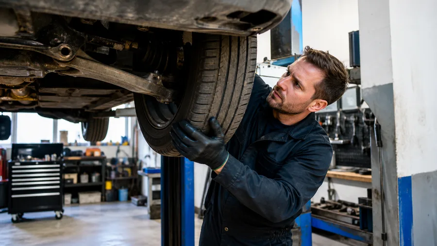 A mechanic inspecting a car wheel and suspension on a workshop lift.