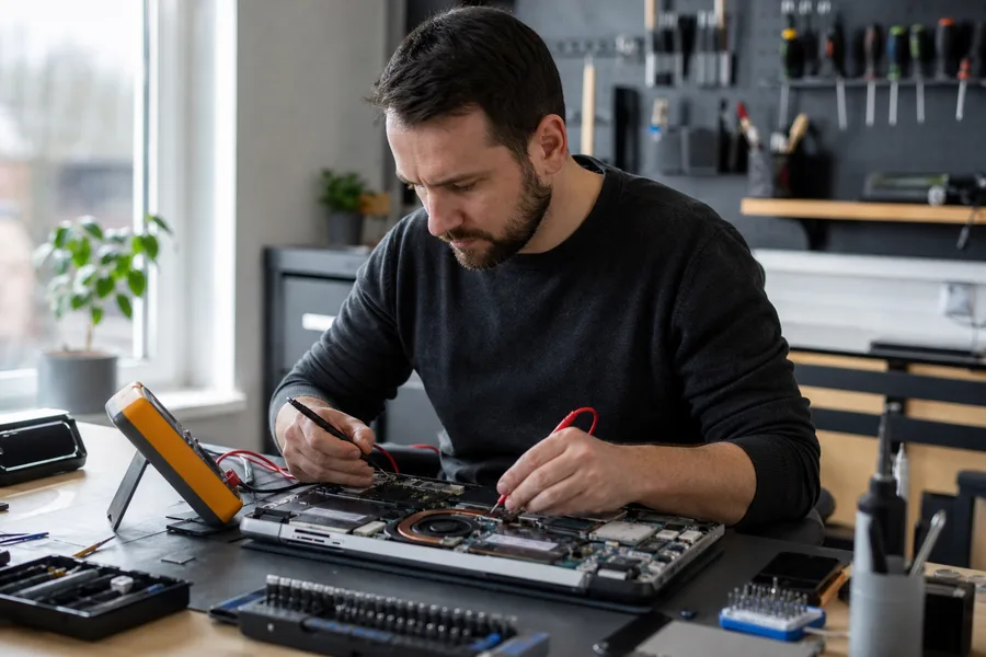 A computer repair technician diagnosing an open laptop at a workbench.