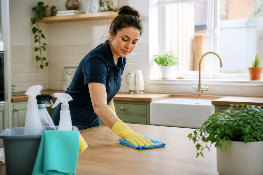A domestic cleaner working carefully in a bright British kitchen.
