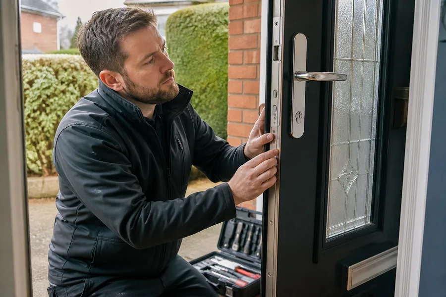 A locksmith assessing a multipoint lock on a British front door.