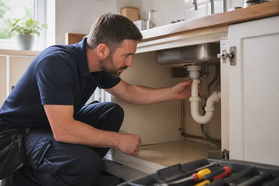 A plumber inspecting pipework beneath a kitchen sink in a British home.